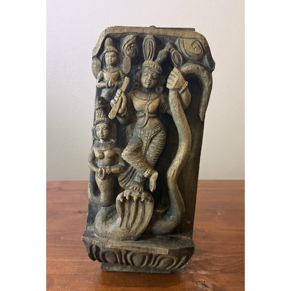 VTG India Hand Carved Wood God Krishna Kaliya Naga Hindu Relief Wall Panel 15"